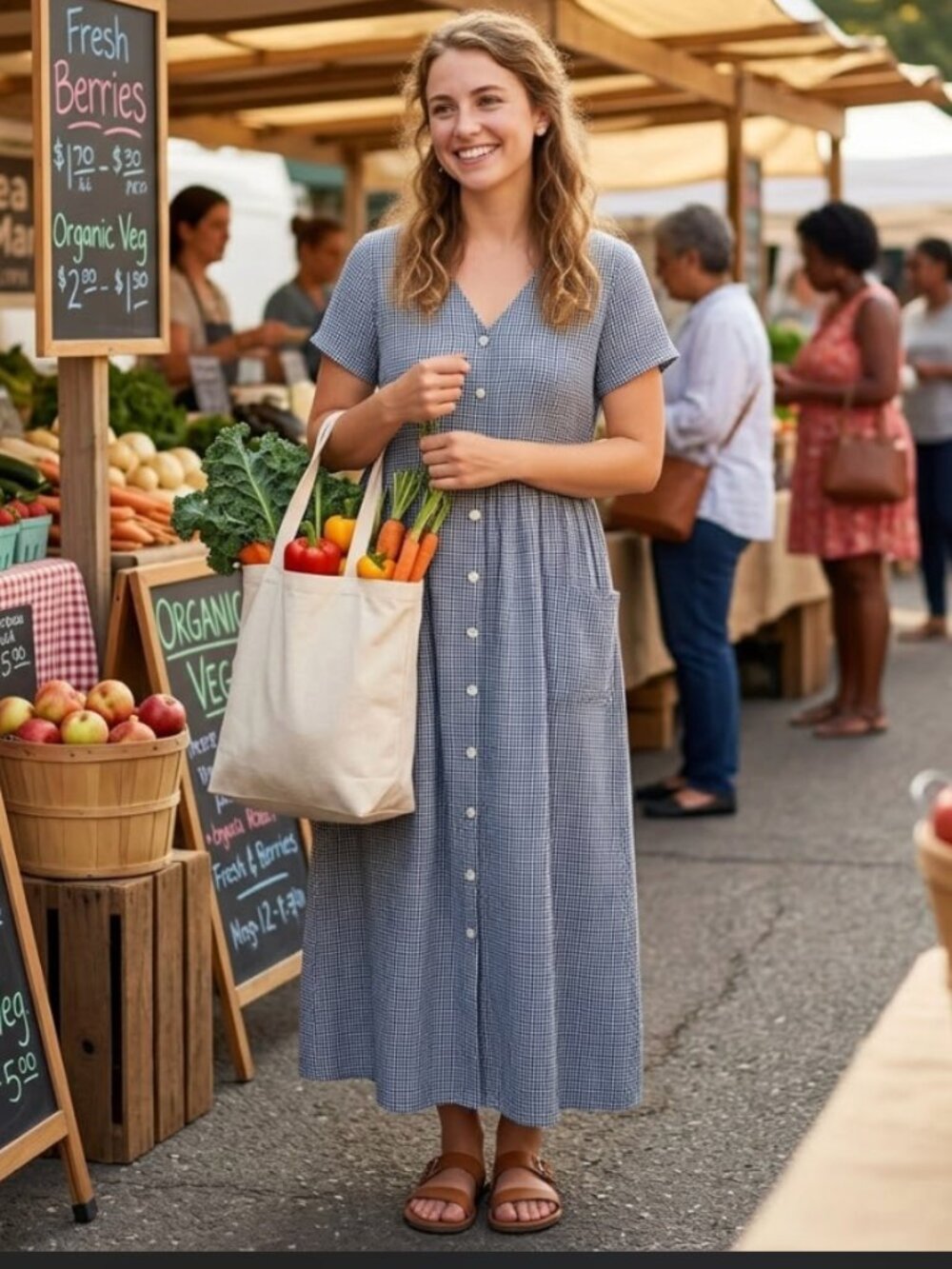 VTG 90s Blue Gingham Midi Dress L Short Sleeve Button Prairie Cottage Granny
